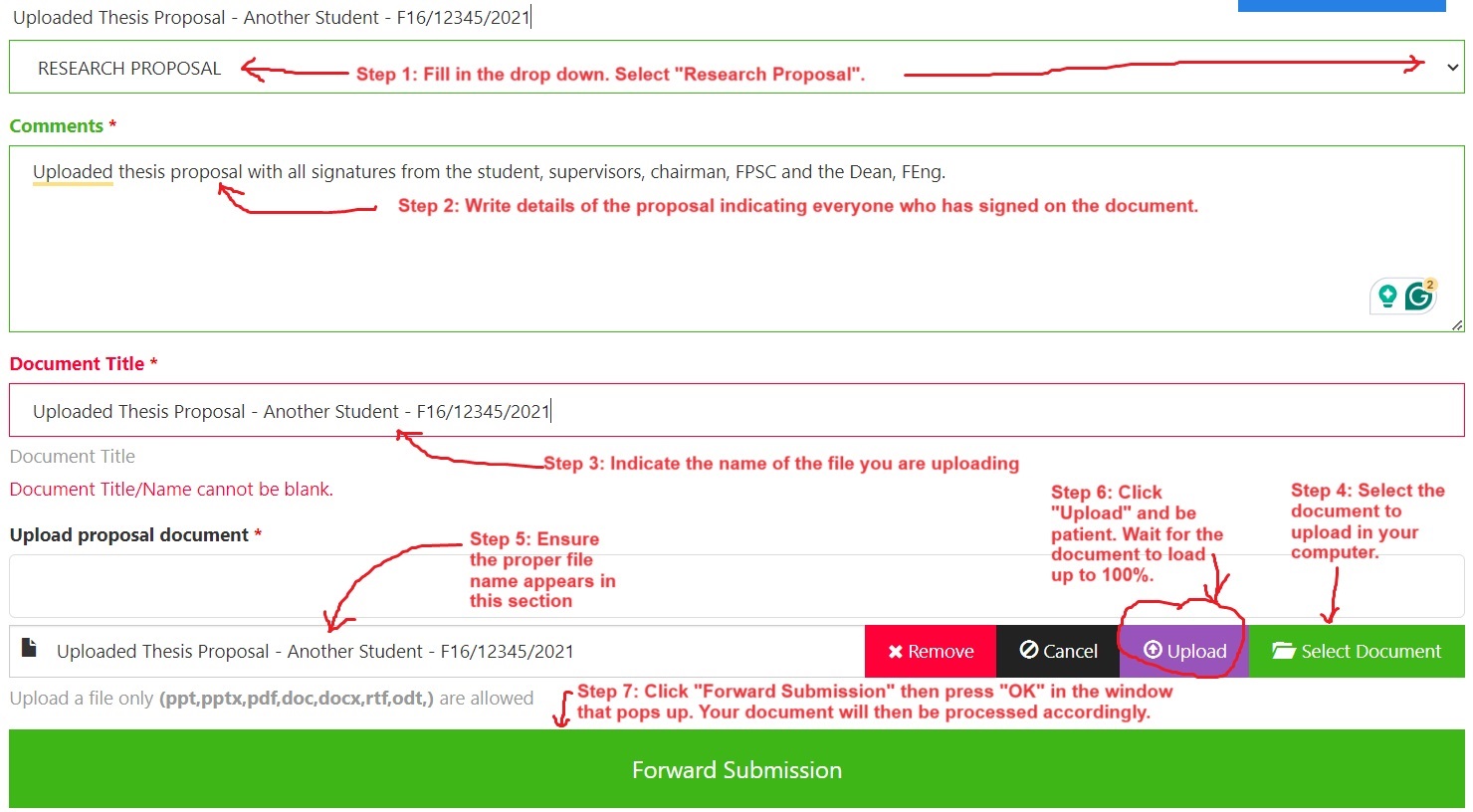 A pictorial tutorial showing how to upload the proposal to the Postgraduate Tracking System. 