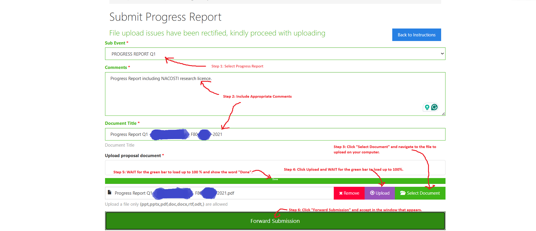 Guidelines for uploading a progress report on the tracking system. 