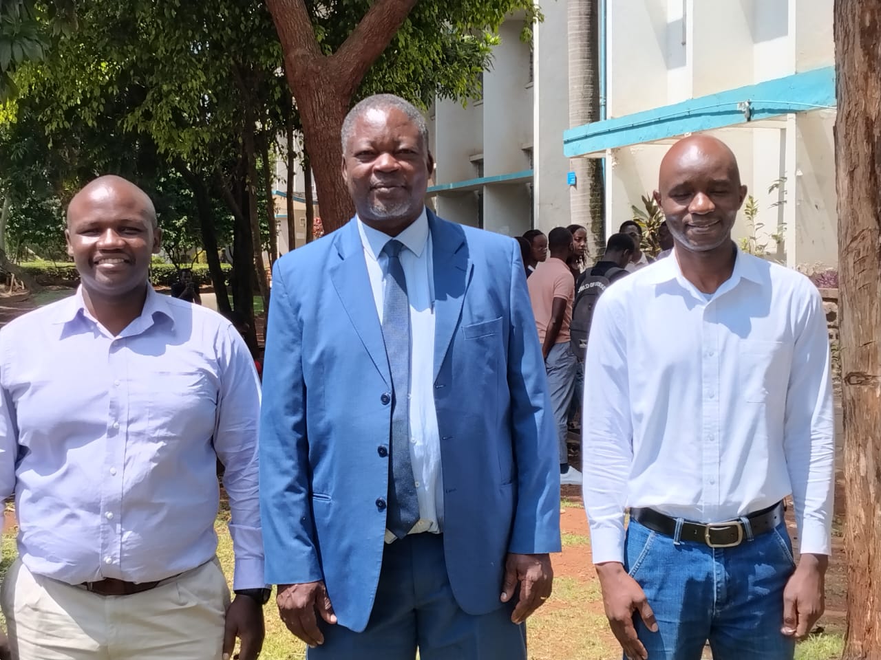 Eng. Muthomi Munyua, Prof. Silvester Abuodha and Mr. Stephen Ochieng in a previous meeting outside Civil Block.